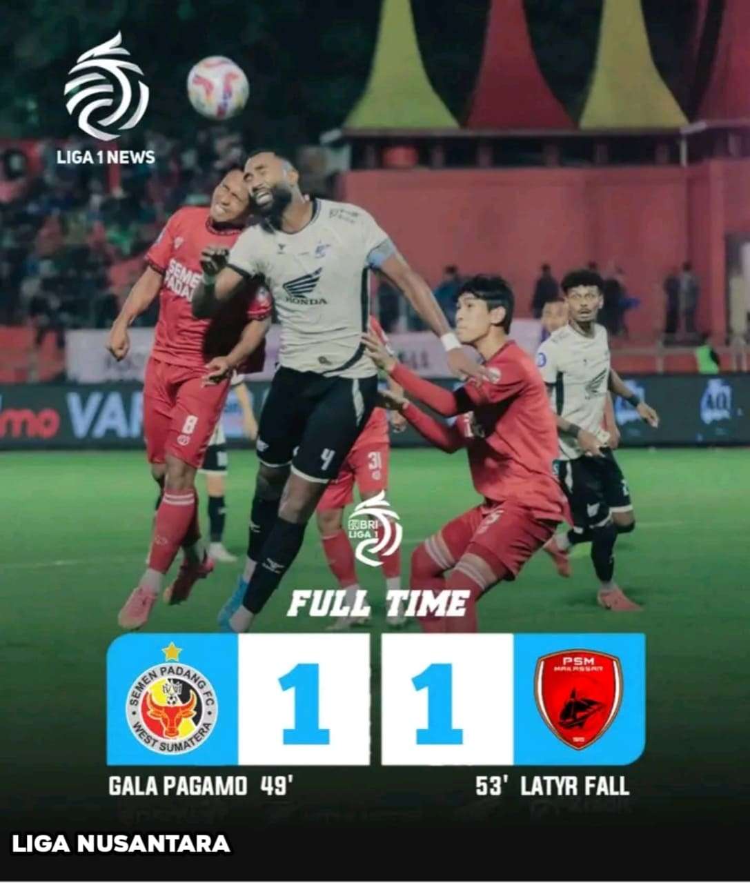 Sama Kuat, Pertandingan Semen Padang vs PSM Makassar Berakhir Imbang 1-1