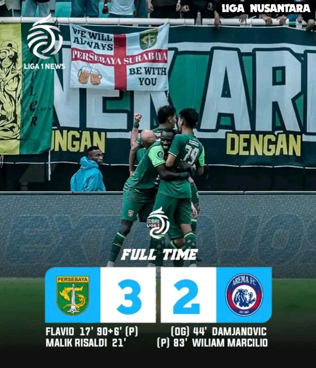 Persebaya Surabaya Menang Dramatis Atas Arema FC 3-2.