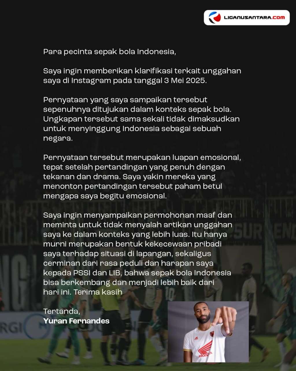 Yuran Fernandes Sampaikan Permintaan Maaf Terkait Ucapannya