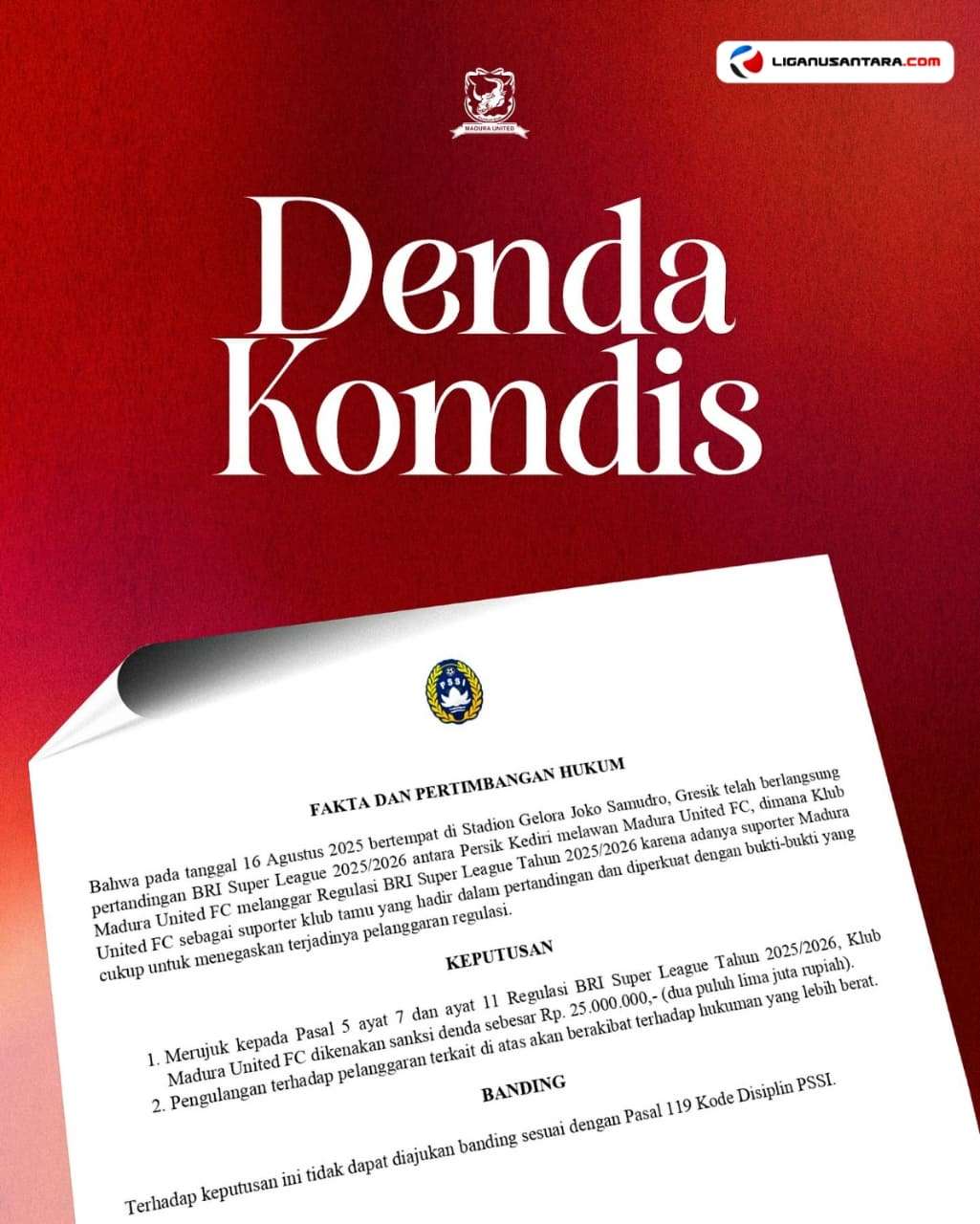 Madura United Resmi Dikenai Sanksi Saat Jumpa Persis