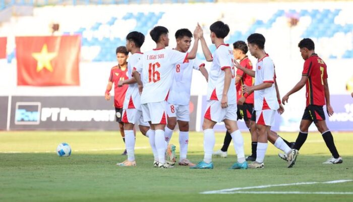 Selebrasi Timnas Vietnam U-17 di laga lawan Timor Leste U-17, Kamis (16/04/2026).